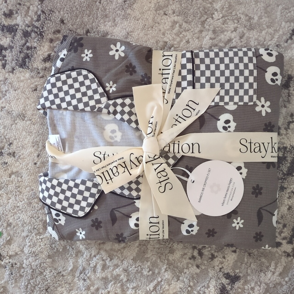 NWT Cropped Staykation Skelly Bamboo Rib PJ Set "Skelly & Cherry" - Picture 7 of 9